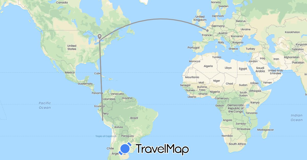 TravelMap itinerary: driving, plane in Canada, France, Peru (Europe, North America, South America)